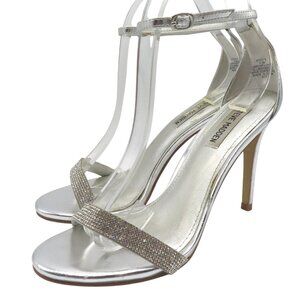 Steve Madden Women 8.5 Stecy Metallic Silver Rhinestone High Heel Sandals Shoes